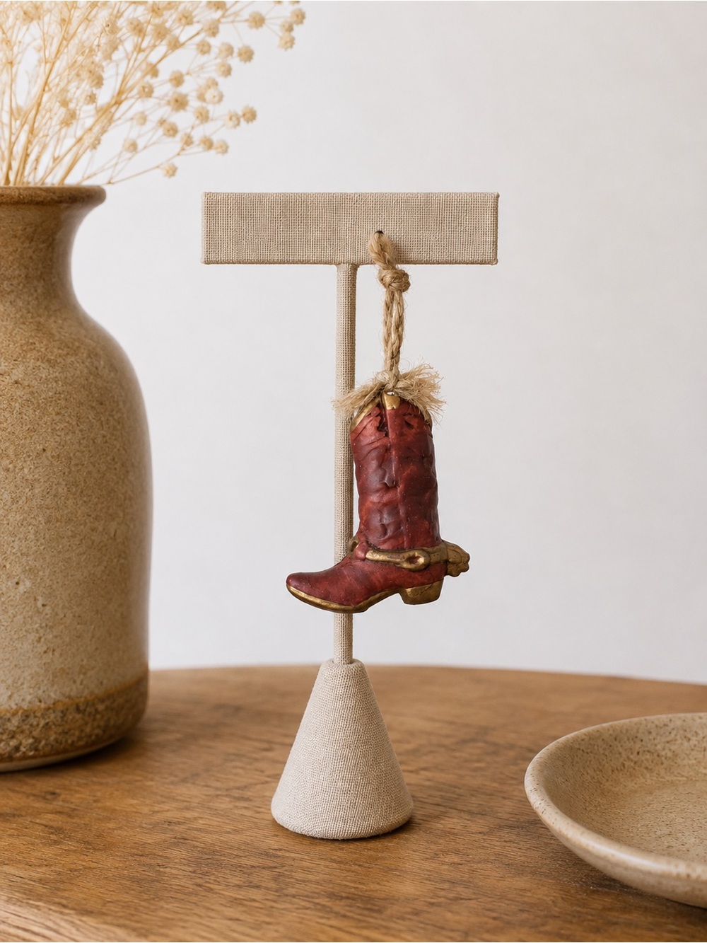 Vintage Brown Cowboy Boot Ornament with Gold Trim